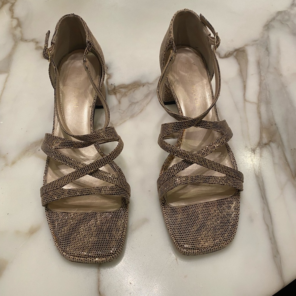 Sesto Meucci Strappy Square Toe Heeled Sandal in Metallic Snakeskin Print 8.5N
